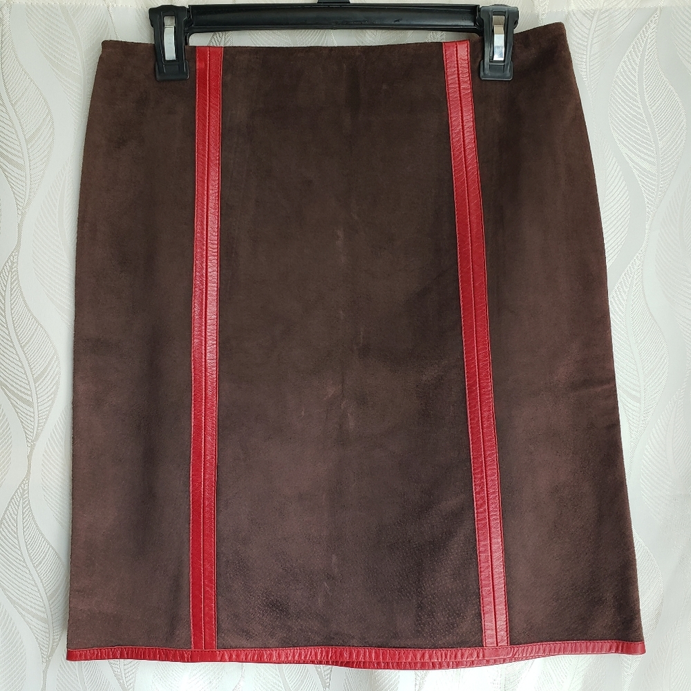 Moschino Brown Suede Red Leather Trim Pencil Skirt